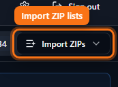 Results panel with Import ZIP lists highlighted