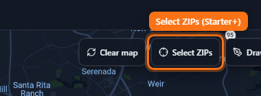 Map toolbar with Select ZIPs highlighted